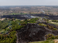 A drone view of wildfire in Le Cesine Nature Reserve, Italy, on July 1, 2024. A vast fire broke out in the afternoon on June 30, 2024, in th...