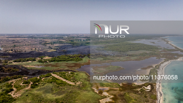 A drone view of wildfire in Le Cesine Nature Reserve, Italy, on July 1, 2024. A vast fire broke out in the afternoon on June 30, 2024, in th...