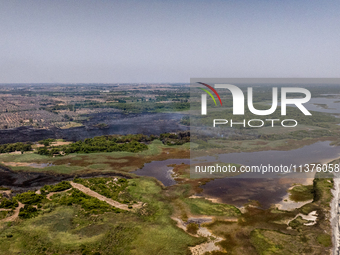 A drone view of wildfire in Le Cesine Nature Reserve, Italy, on July 1, 2024. A vast fire broke out in the afternoon on June 30, 2024, in th...