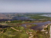 A drone view of wildfire in Le Cesine Nature Reserve, Italy, on July 1, 2024. A vast fire broke out in the afternoon on June 30, 2024, in th...