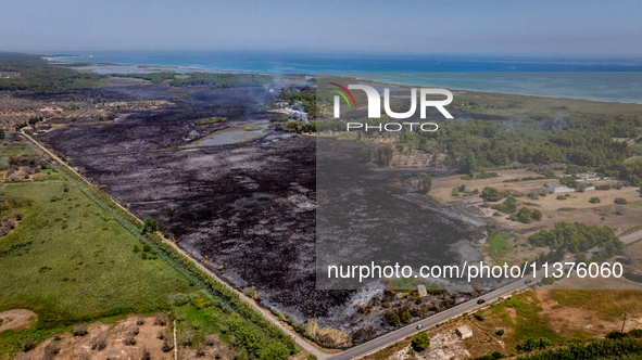 A drone view of wildfire in Le Cesine Nature Reserve, Italy, on July 1, 2024. A vast fire broke out in the afternoon on June 30, 2024, in th...