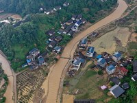 An aerial photo is showing the disaster site in Si 'an Village, Banlan town, Rongan County, Liuzhou City, South China's Guangxi Zhuang Auton...