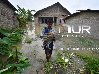 A villager is shifting his belongings to a safer place following a heavy rainfall in Nagaon District of Assam, India, on July 1, 2024. (