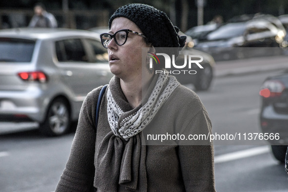 Pedestrians are facing a freezing winter morning on Avenida Paulista in Sao Paulo, on July 01, 2024. 