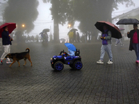 Pedestrians are carrying umbrellas during heavy rainfall in Darjeeling, India, on July 1, 2024. Darjeeling is a famous tourist destination i...