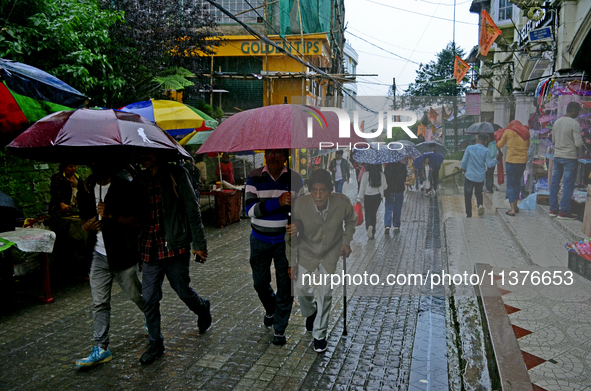 Pedestrians are carrying umbrellas during heavy rainfall in Darjeeling, India, on July 1, 2024. Darjeeling is a famous tourist destination i...