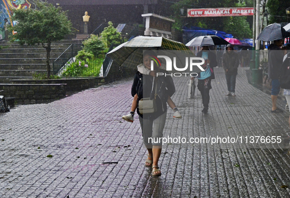 Pedestrians are carrying umbrellas during heavy rainfall in Darjeeling, India, on July 1, 2024. Darjeeling is a famous tourist destination i...