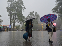 Pedestrians are carrying umbrellas during heavy rainfall in Darjeeling, India, on July 1, 2024. Darjeeling is a famous tourist destination i...