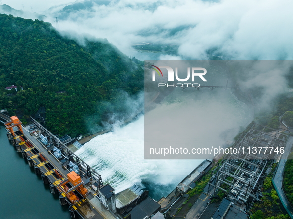 Flood discharge is happening from the Xin 'an River Dam in Hangzhou, China, on June 26, 2024. 