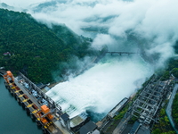 Flood discharge is happening from the Xin 'an River Dam in Hangzhou, China, on June 26, 2024. (