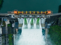 Flood discharge is happening from the Xin 'an River Dam in Hangzhou, China, on June 26, 2024. (