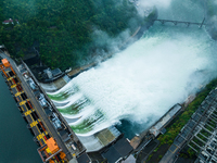 Flood discharge is happening from the Xin 'an River Dam in Hangzhou, China, on June 26, 2024. (