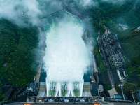 Flood discharge is happening from the Xin 'an River Dam in Hangzhou, China, on June 26, 2024. (