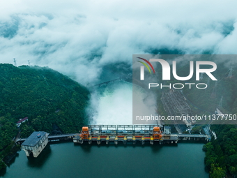 Flood discharge is happening from the Xin 'an River Dam in Hangzhou, China, on June 26, 2024. (