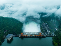 Flood discharge is happening from the Xin 'an River Dam in Hangzhou, China, on June 26, 2024. (