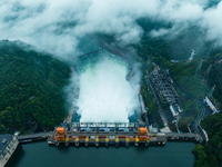 Flood discharge is happening from the Xin 'an River Dam in Hangzhou, China, on June 26, 2024. (