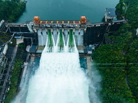 Flood discharge is happening from the Xin 'an River Dam in Hangzhou, China, on June 26, 2024. (