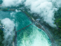 Flood discharge is happening from the Xin 'an River Dam in Hangzhou, China, on June 26, 2024. (