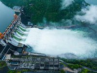 Flood discharge is happening from the Xin 'an River Dam in Hangzhou, China, on June 26, 2024. (