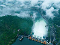 Flood discharge is happening from the Xin 'an River Dam in Hangzhou, China, on June 26, 2024. (