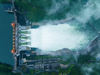 Flood discharge is happening from the Xin 'an River Dam in Hangzhou, China, on June 26, 2024. (