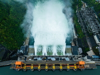 Flood discharge is happening from the Xin 'an River Dam in Hangzhou, China, on June 26, 2024. (