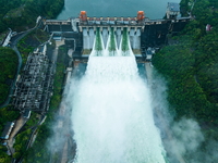 Flood discharge is happening from the Xin 'an River Dam in Hangzhou, China, on June 26, 2024. (