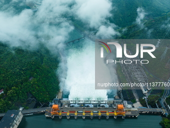 Flood discharge is happening from the Xin 'an River Dam in Hangzhou, China, on June 26, 2024. (