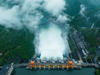 Flood discharge is happening from the Xin 'an River Dam in Hangzhou, China, on June 26, 2024. (