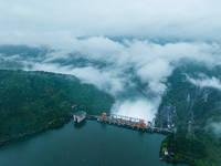 Flood discharge is happening from the Xin 'an River Dam in Hangzhou, China, on June 26, 2024. (