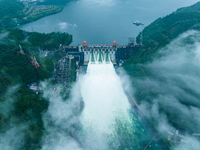 Flood discharge is happening from the Xin 'an River Dam in Hangzhou, China, on June 26, 2024. (