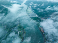 Flood discharge is happening from the Xin 'an River Dam in Hangzhou, China, on June 26, 2024. (