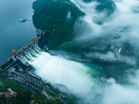 Flood discharge is happening from the Xin 'an River Dam in Hangzhou, China, on June 26, 2024. (