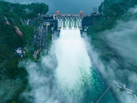 Flood discharge is happening from the Xin 'an River Dam in Hangzhou, China, on June 26, 2024. (