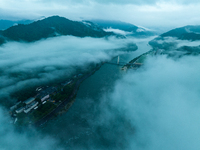 Flood discharge is happening from the Xin 'an River Dam in Hangzhou, China, on June 26, 2024. (