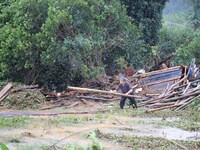 A man is cleaning bamboo after a flood at Si 'an village in Liuzhou, China, on July 2, 2024. (