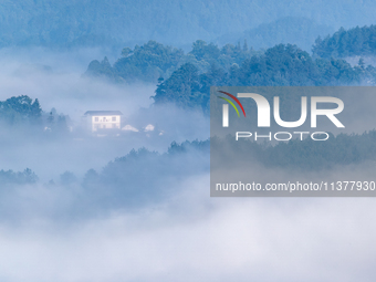 The fields, houses, mountains, and villages of Zhimu Village are appearing in the morning fog after returning farmland to forest in Chongqin...