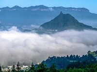 The fields, houses, mountains, and villages of Zhimu Village are appearing in the morning fog after returning farmland to forest in Chongqin...