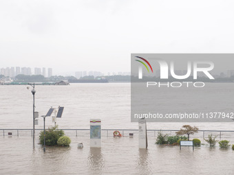 Water levels in the Nanjing section of the Yangtze River are rising above the warning line in Nanjing, Jiangsu province, China, on July 2, 2...