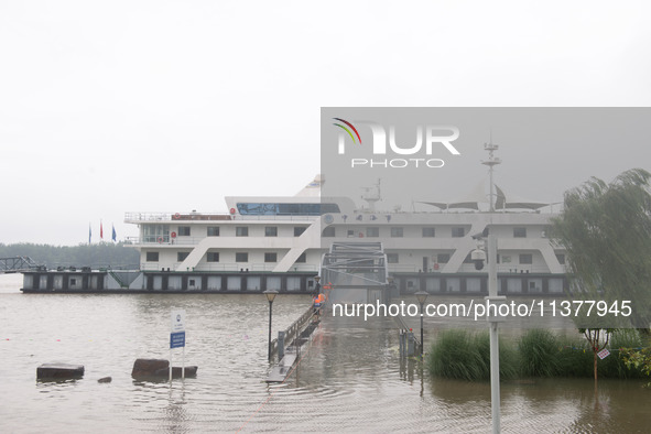 Water levels in the Nanjing section of the Yangtze River are rising above the warning line in Nanjing, Jiangsu province, China, on July 2, 2...