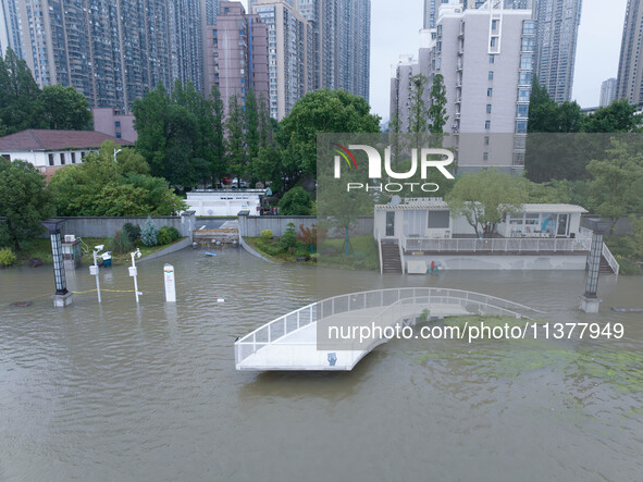 Water levels in the Nanjing section of the Yangtze River are rising above the warning line in Nanjing, Jiangsu province, China, on July 2, 2...