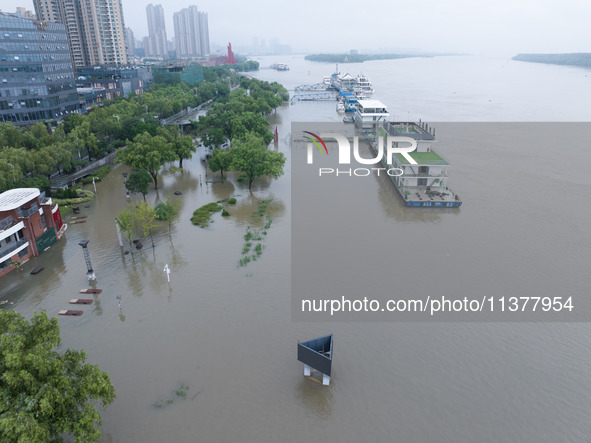 Water levels in the Nanjing section of the Yangtze River are rising above the warning line in Nanjing, Jiangsu province, China, on July 2, 2...