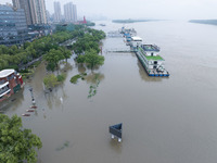 Water levels in the Nanjing section of the Yangtze River are rising above the warning line in Nanjing, Jiangsu province, China, on July 2, 2...