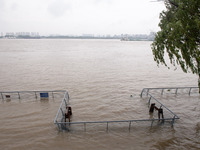 Water levels in the Nanjing section of the Yangtze River are rising above the warning line in Nanjing, Jiangsu province, China, on July 2, 2...