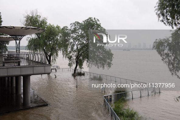 Water levels in the Nanjing section of the Yangtze River are rising above the warning line in Nanjing, Jiangsu province, China, on July 2, 2...