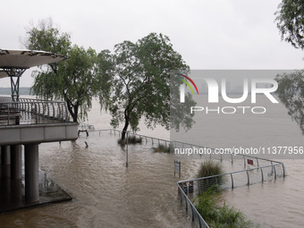 Water levels in the Nanjing section of the Yangtze River are rising above the warning line in Nanjing, Jiangsu province, China, on July 2, 2...