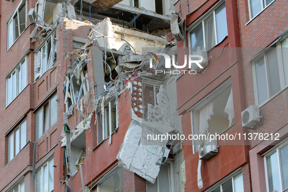 The apartment block hit by a Russian missile on June 28 is being seen during a response effort in Dnipro, Ukraine, on June 30, 2024. NO USE...