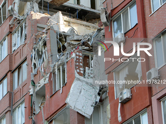 The apartment block hit by a Russian missile on June 28 is being seen during a response effort in Dnipro, Ukraine, on June 30, 2024. NO USE...