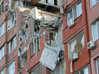 The apartment block hit by a Russian missile on June 28 is being seen during a response effort in Dnipro, Ukraine, on June 30, 2024. NO USE...