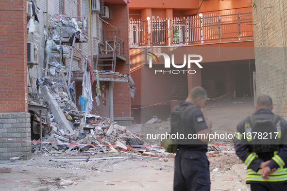 The apartment block hit by a Russian missile on June 28 is being seen during a response effort in Dnipro, Ukraine, on June 30, 2024. NO USE...